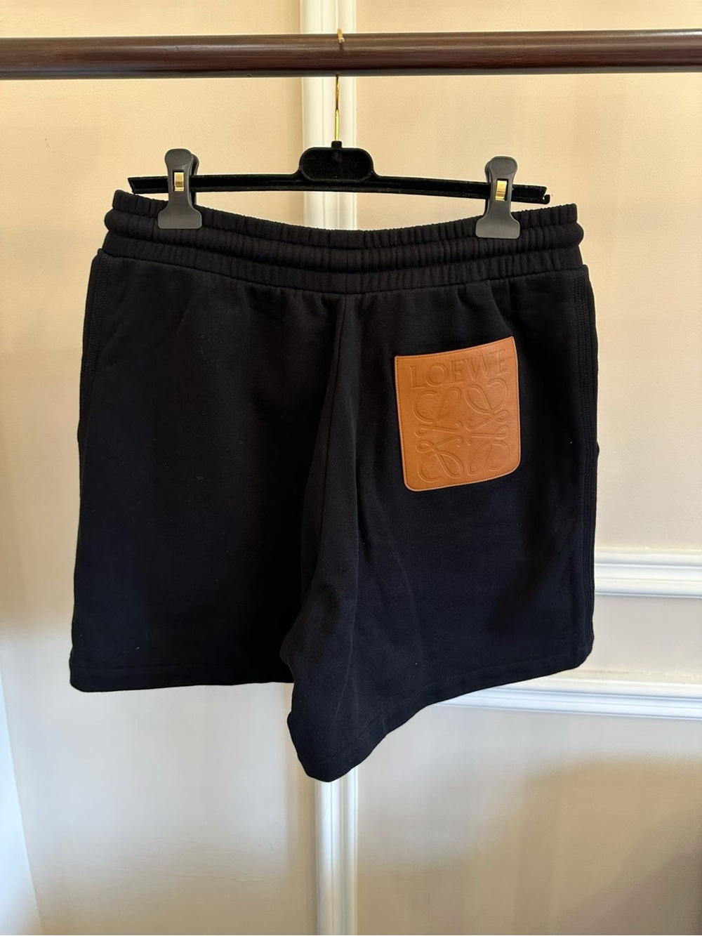🚩steal Loewe Black Shorts with Tan Leather Logo Patch